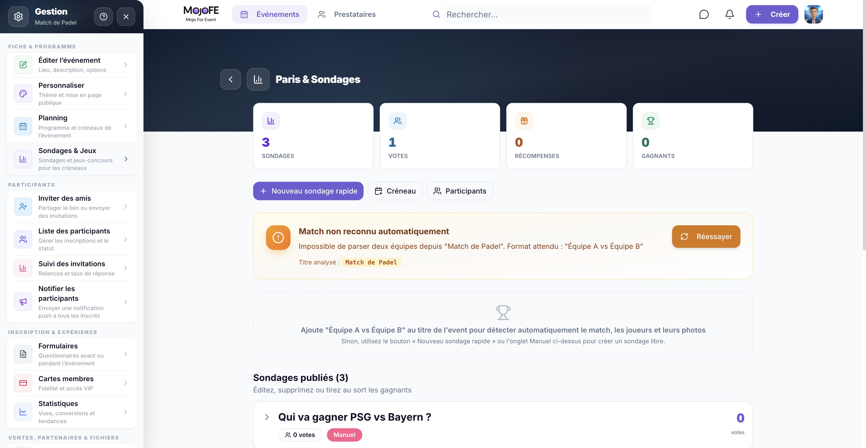 Interface d'administration des sondages Paris & Sondages