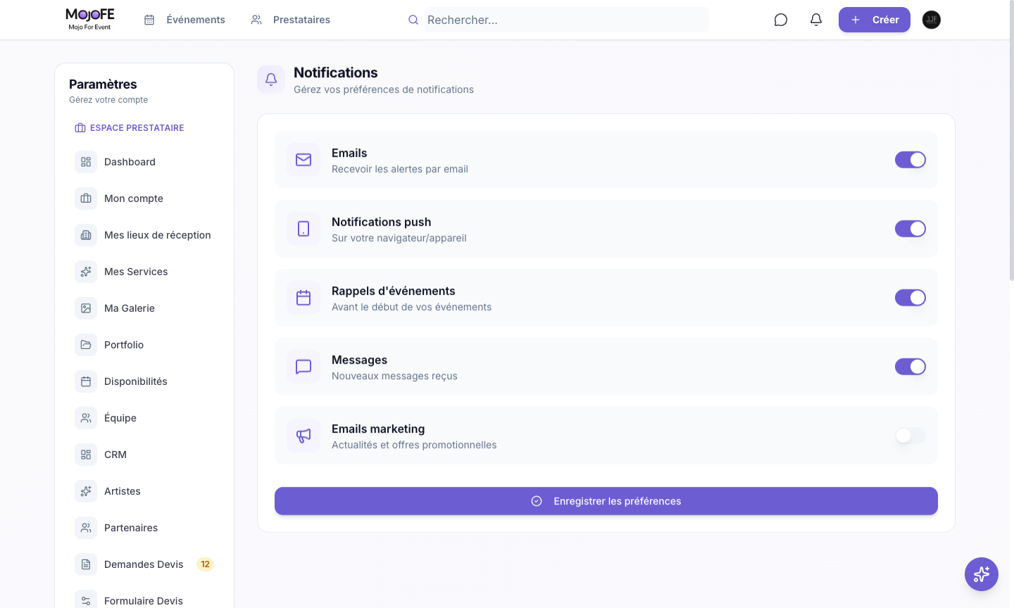 Paramètres notifications