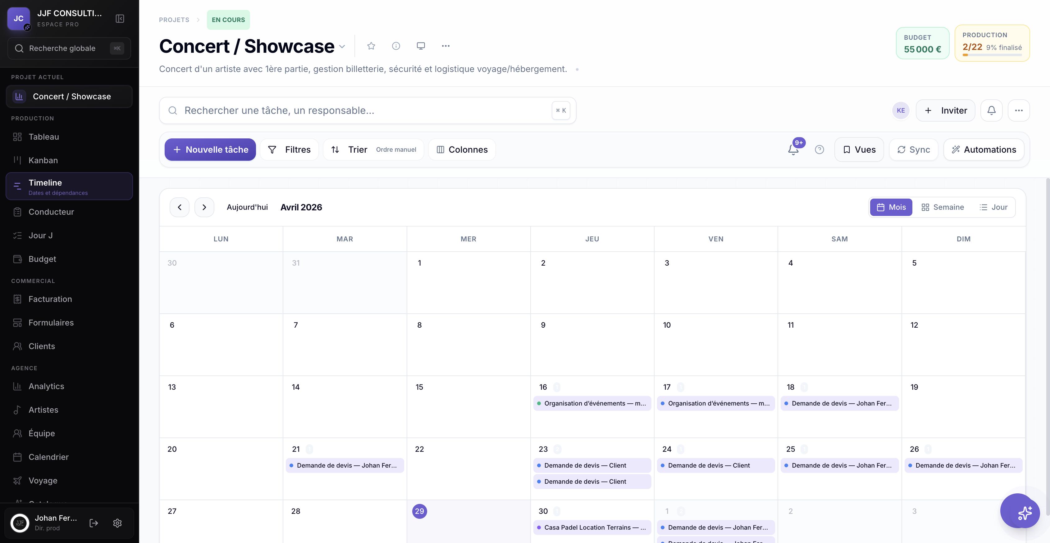 Vue timeline et diagramme de Gantt